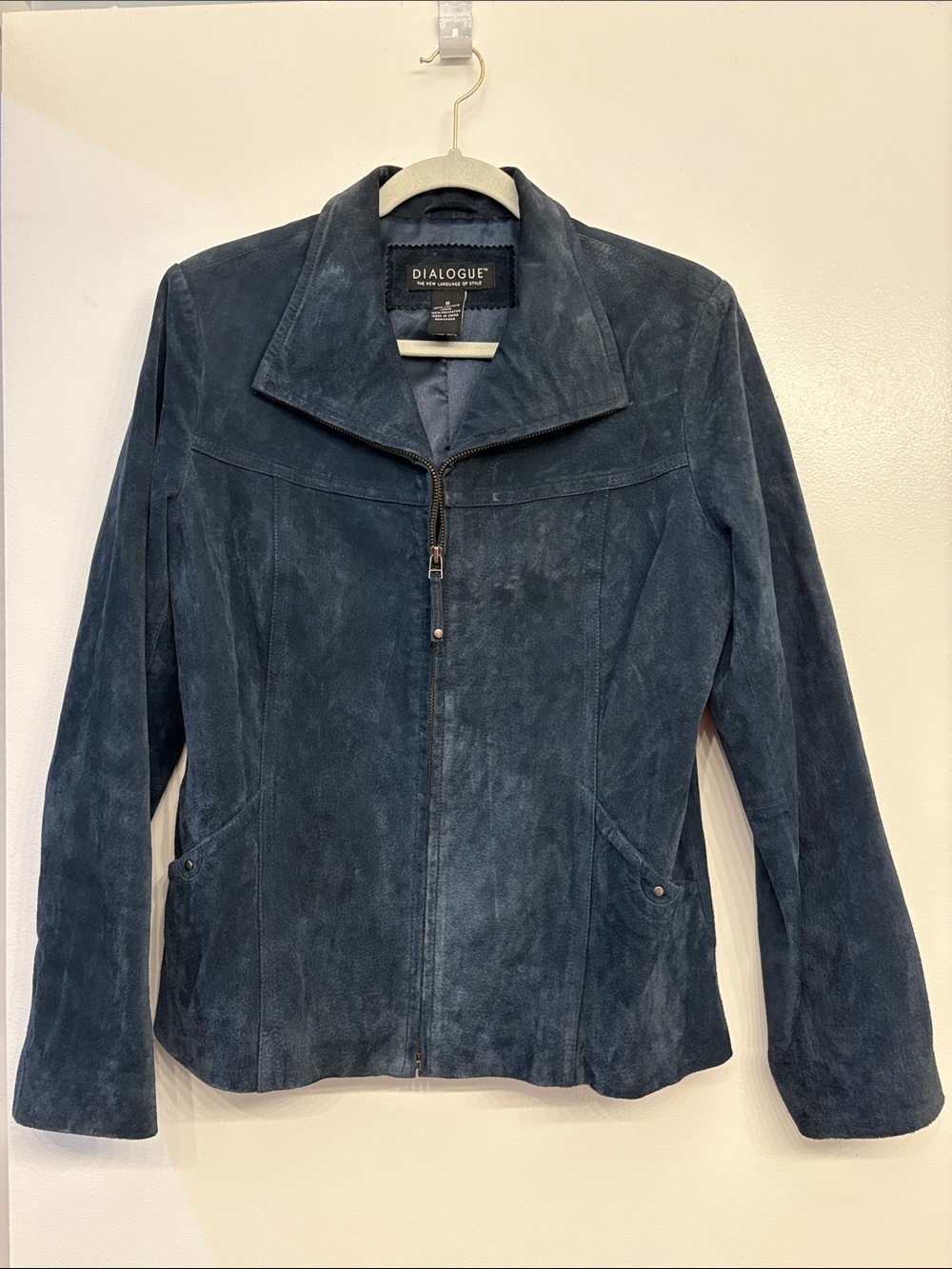 Dialogue Deep Navy Suede Zip-Front Jacket Vintage leather 70s 80s aesthetic